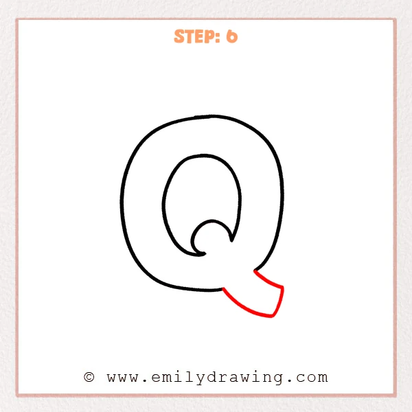 how to draw a bubble letter q - Step 6 of a bubble letter q drawing, adding a thick rounded tail extending from the lower right opening to complete the bubble-style q shape.
